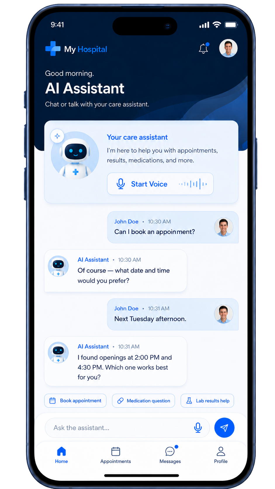 Medrics AI Assistant mobile app showing a conversational care assistant with voice and chat interactions
