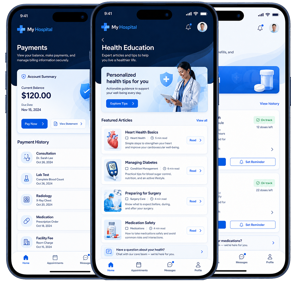 Medrics patient app shown across three iPhone screens: payments, health education, and medications