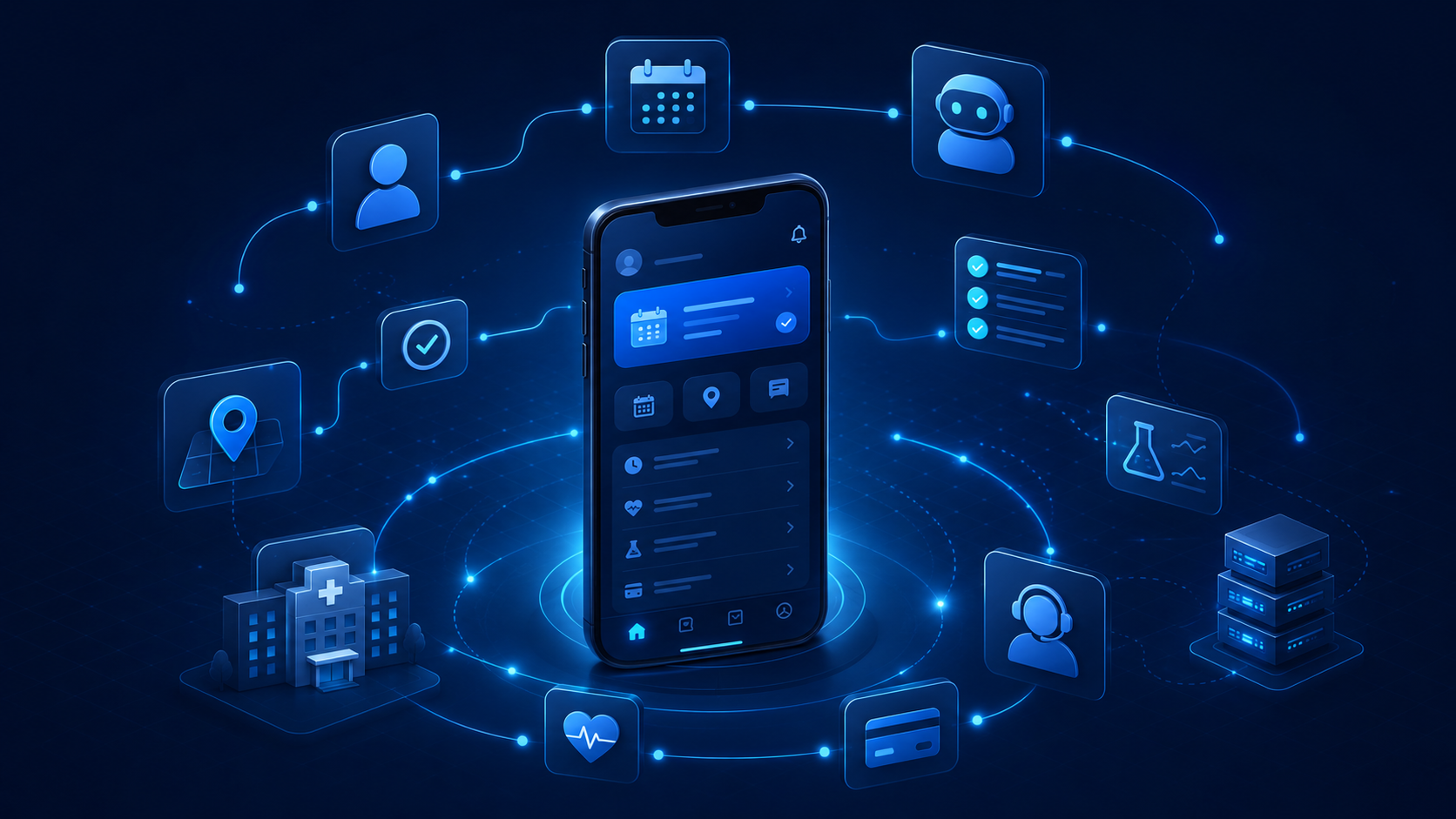 Medrics integration layer connecting hospital systems around a patient mobile app